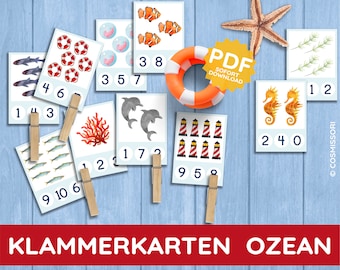 Klammerkarten Ozean Meerestiere Montessori Zählen Zahl lernen üben Zahlenkarten PDF Druckvorlage zum Ausdrucken Druck Kindergarten Kita Kind