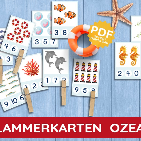 Klammerkarten Ozean Meerestiere Montessori Zählen Zahl lernen üben Zahlenkarten PDF Druckvorlage zum Ausdrucken Druck Kindergarten Kita Kind