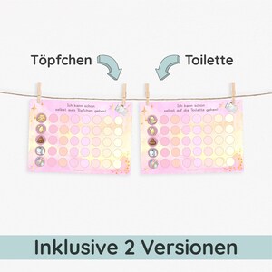 May include: Two pink and yellow printable potty training charts with gold stars. The chart on the left says "Ich kann schon selbst aufs Topfchen gehen!" and the chart on the right says "Ich kann schon selbst auf die Toilette gehen!"