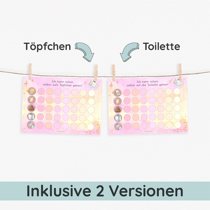 May include: Two pink and yellow printable potty training charts with gold stars. The chart on the left says "Ich kann schon selbst aufs Topfchen gehen!" and the chart on the right says "Ich kann schon selbst auf die Toilette gehen!"
