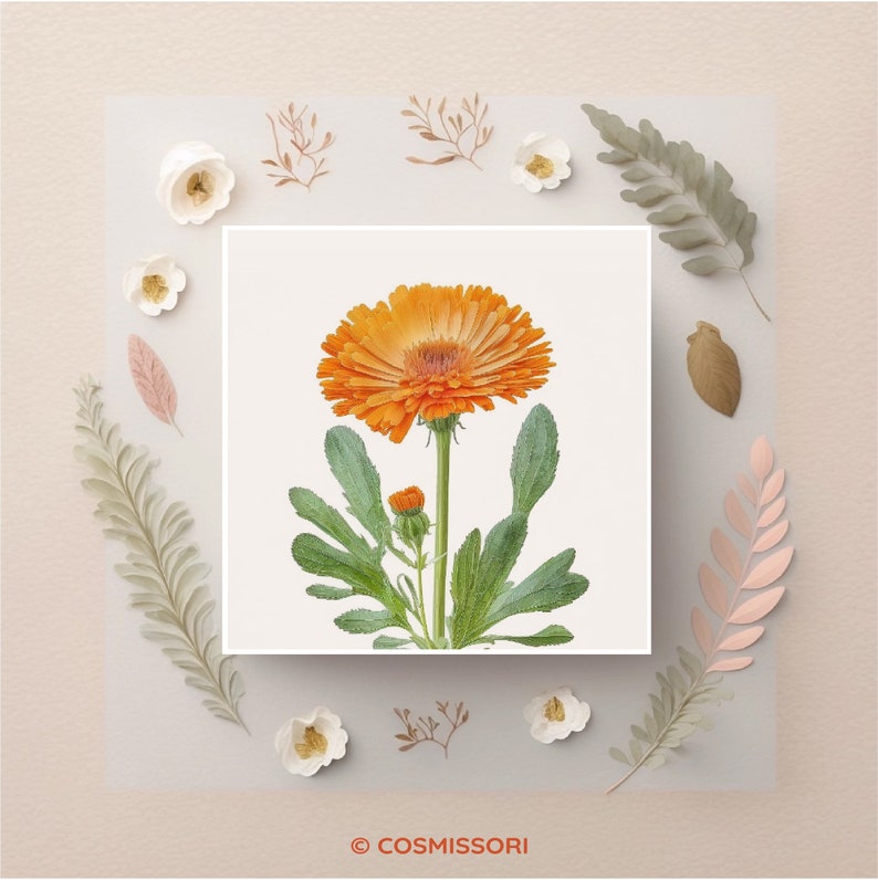 K&ouml;nnte beinhalten: Eine einzelne orangefarbene Ringelblume mit gr&uuml;nen Bl&auml;ttern und einer Knospe auf wei&szlig;em Hintergrund.