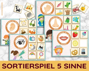 5 Sinne Bildkarten Montessori Sortierspiel Kleinkind Lernspiel PDF DIY Spielzeug Kindergarten Kita Kind Sensorisch Sensorik Vorlage druckbar