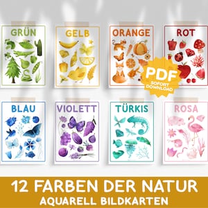Farbkarten 12 Farben der Natur Aquarellbilder Karten Poster Montessori Deko Lernkarten Kind Bilderbuch Deko Kita Kinderzimmer PDF Vorlage