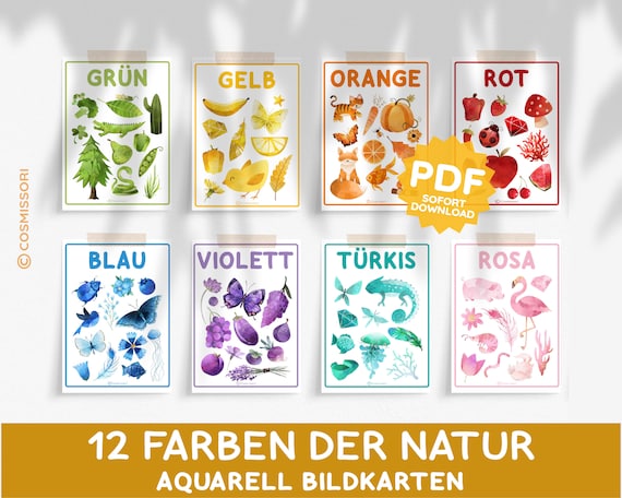 Farbkarten 12 Farben der Natur Aquarellbilder Karten Poster Montessori Deko Lernkarten Kind Bilderbuch Deko Kita Kinderzimmer PDF Vorlage