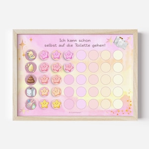 May include: A pink and yellow chart with gold stars and a white frame. The chart has a title that says "Ich kann schon selbst auf die Toilette gehen!" and has 36 circles with images of a toilet, a drop of water, a poop emoji, toilet paper, and a hand with soap.