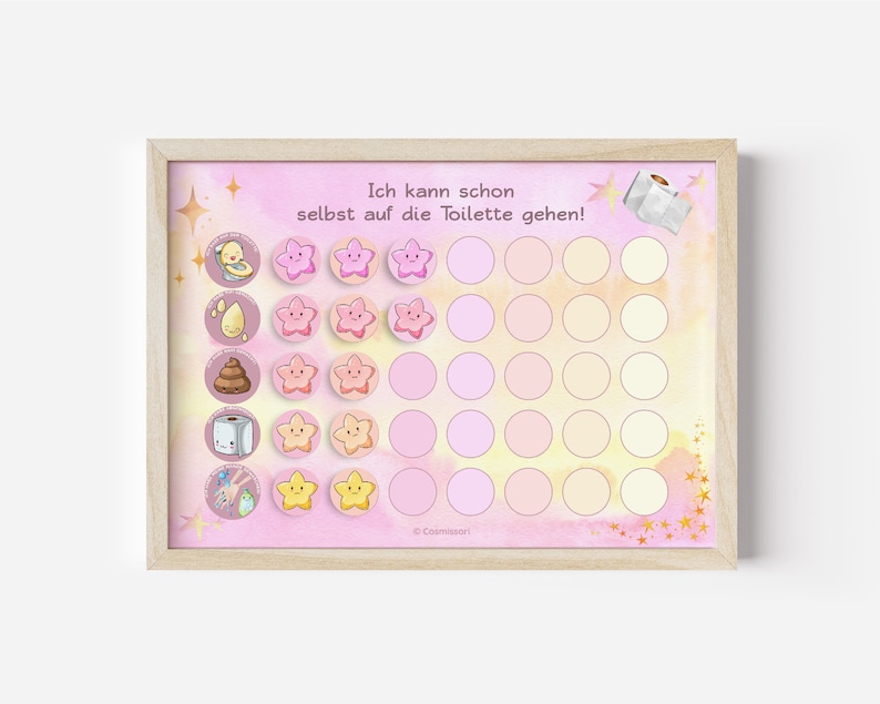 May include: A pink and yellow chart with gold stars and a white frame. The chart has a title that says "Ich kann schon selbst auf die Toilette gehen!" and has 36 circles with images of a toilet, a drop of water, a poop emoji, toilet paper, and a hand with soap.