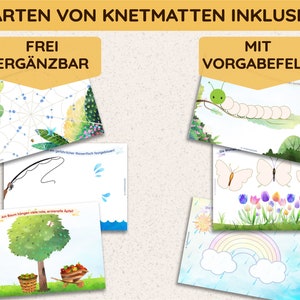 May include: Two types of kneading mats, one with a blank space for free drawing and one with pre-drawn shapes. The free drawing mat has a spider web, a fishing rod, a tree with apples, and a blue wave. The pre-drawn mat has a caterpillar, butterflies, tulips, a rainbow, and clouds.