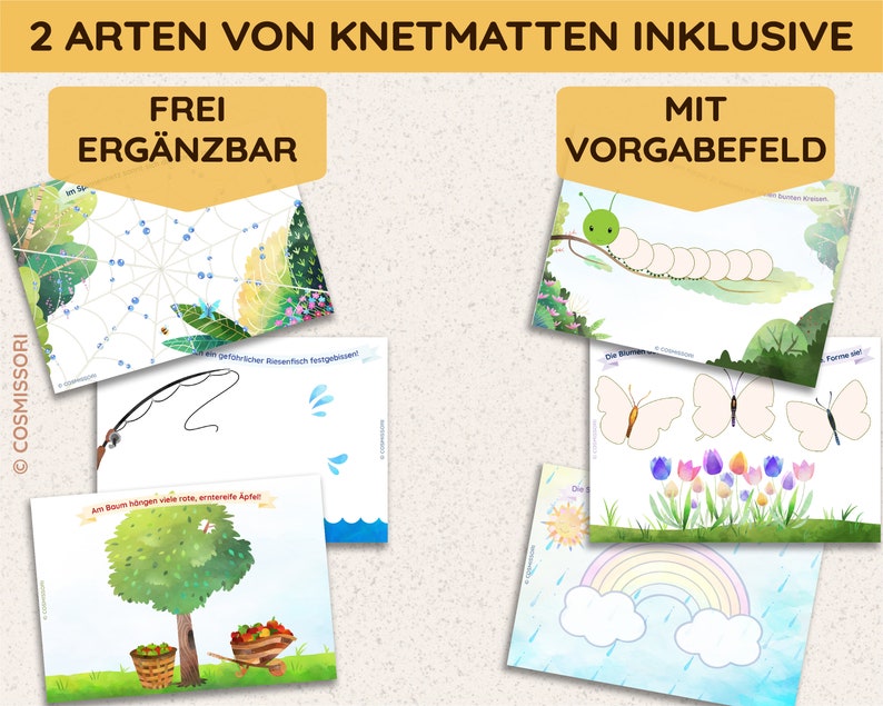 May include: Two types of kneading mats, one with a blank space for free drawing and one with pre-drawn shapes. The free drawing mat has a spider web, a fishing rod, a tree with apples, and a blue wave. The pre-drawn mat has a caterpillar, butterflies, tulips, a rainbow, and clouds.