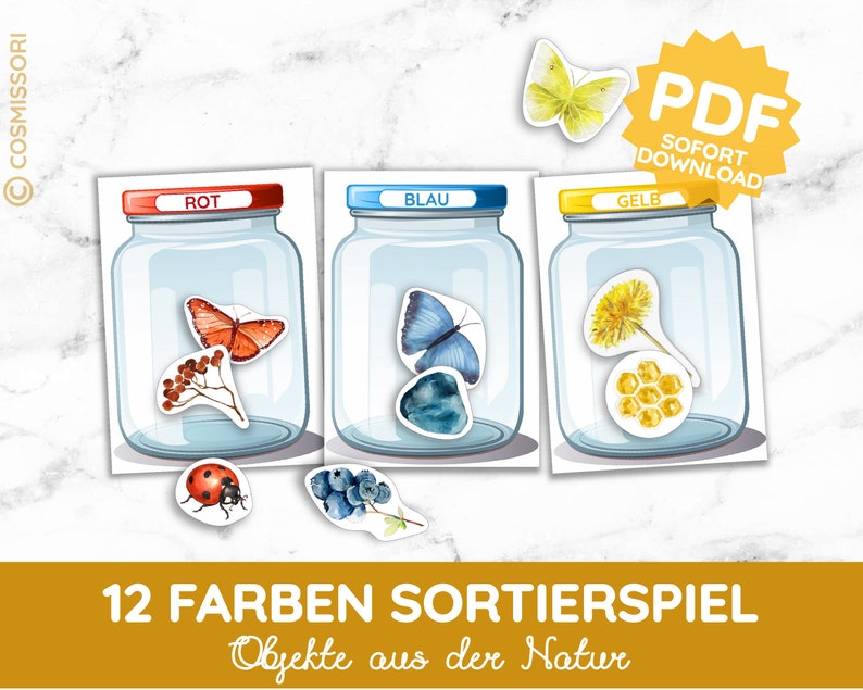 K&ouml;nnte beinhalten: Ein druckbares Sortierspiel f&uuml;r Kinder mit 12 bunten Objekten aus der Natur. Das Spiel enth&auml;lt drei Gl&auml;ser mit den Beschriftungen "Rot", "Blau" und "Gelb". Die Objekte umfassen einen Marienk&auml;fer, Blaubeeren, einen Schmetterling, einen Stein, einen L&ouml;wenzahn und Honigwaben.