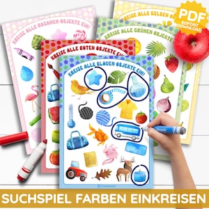 May include: Four printable game cards with colourful illustrations of various objects. Each card has a different colour theme and instructs players to circle all objects of that colour. The cards are titled "Circle all pink objects", "Circle all red objects", "Circle all blue objects", and "Circle all green objects".