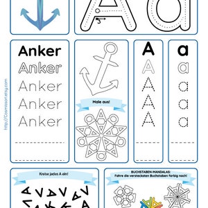 May include: A printable worksheet for learning the German alphabet. The letter A is shown in uppercase and lowercase, with tracing lines and a mandala design. The word "Anker" (anchor) is written in German, with a picture of an anchor.