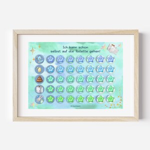 Puede incluir: Un gr&aacute;fico en forma de estrella azul y verde con el texto "Ich kann schon selbst auf die Toilette gehen!" Este gr&aacute;fico est&aacute; dise&ntilde;ado para ayudar a los ni&ntilde;os a aprender a usar el inodoro.