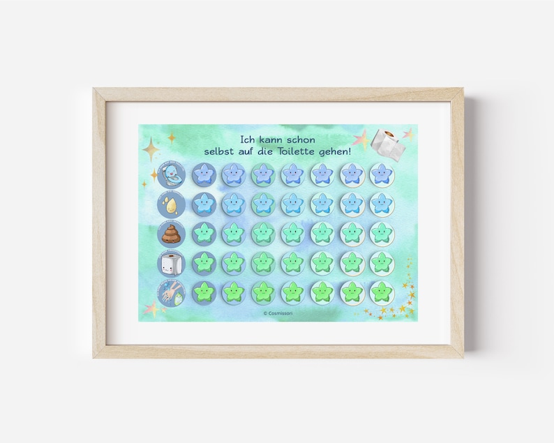 Puede incluir: Un gr&aacute;fico en forma de estrella azul y verde con el texto "Ich kann schon selbst auf die Toilette gehen!" Este gr&aacute;fico est&aacute; dise&ntilde;ado para ayudar a los ni&ntilde;os a aprender a usar el inodoro.