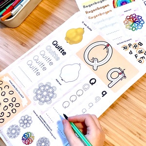 May include: A printable worksheet for learning the German alphabet. The worksheet features the letter Q, a picture of a quince, and a tracing activity for the letter Q. The worksheet also includes a mandala design to color.