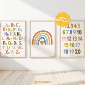 Juego de 3 carteles con números del alfabeto y arcoíris para decoración de pared de guardería, regalo para niños, imprimible, en alemán, para bebés y niños pequeños