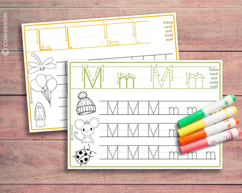 May include: A printable worksheet for learning the letter M. The worksheet features dotted lines to trace the letter M in uppercase and lowercase. The worksheet also includes pictures of a hat, a mouse, and a ladybug.