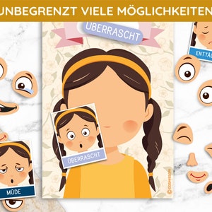May include: A printable game for kids featuring a girl with different facial expressions. The game includes a blank face and various facial features to create different emotions. The text on the game says "UNBEGRENZT VIELE M&Ouml;GLICHKEITEN!" and "&Uuml;BERRASCHT".