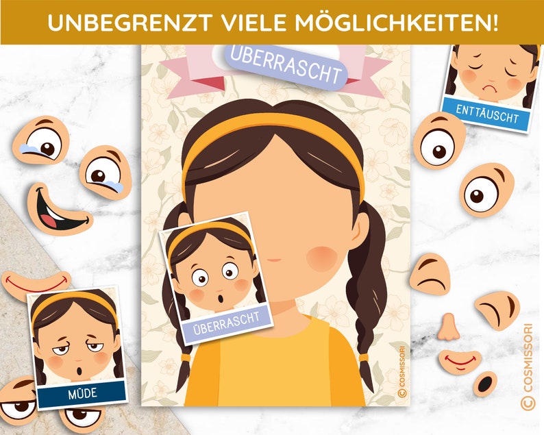 May include: A printable game for kids featuring a girl with different facial expressions. The game includes a blank face and various facial features to create different emotions. The text on the game says "UNBEGRENZT VIELE M&Ouml;GLICHKEITEN!" and "&Uuml;BERRASCHT".