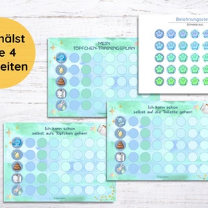Puede incluir: Cuatro tablas de entrenamiento para ir al ba&ntilde;o imprimibles con un fondo de acuarela azul y verde. Cada tabla presenta una etapa diferente del entrenamiento para ir al ba&ntilde;o, incluyendo el uso de un orinal, ir al ba&ntilde;o y recibir estrellas de recompensa. Las tablas est&aacute;n dise&ntilde;adas para ni&ntilde;os y presentan lindas ilustraciones.