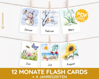 12 MONTHS & SEASONS Montessori Picture Cards Watercolor Learning Cards PDF Template Printable Child German Toddler Vocabulary Expansion