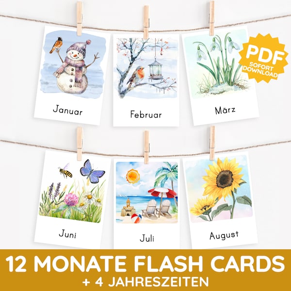 12 MONATE & JAHRESZEITEN Montessori Bildkarten Aquarell Lernkarten PDF Vorlage druckbar Kind deutsch Kleinkind Wortschatzerweiterung