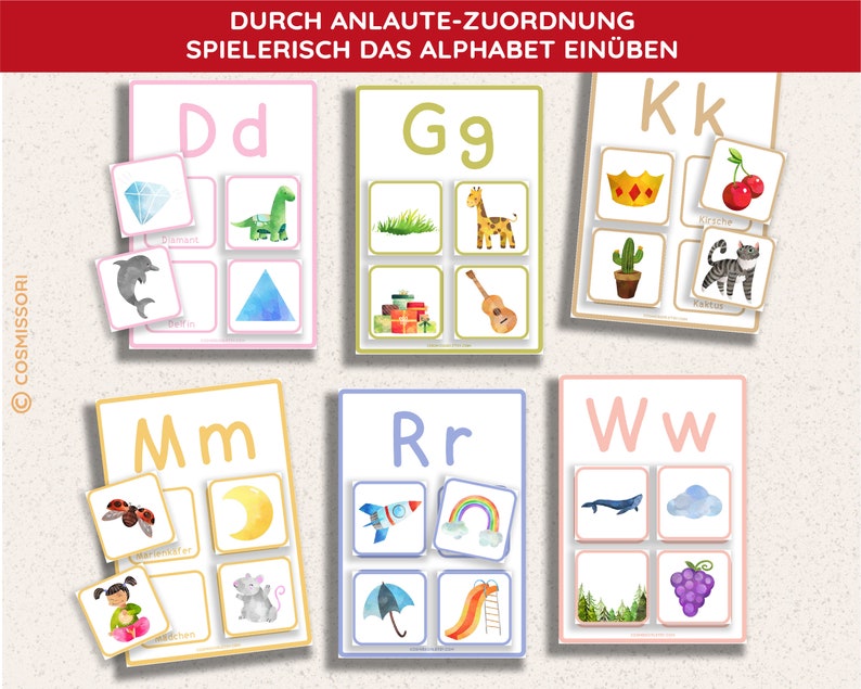 Alphabet Sortierspiel Bildkarten Tafeln Montessori ABC Lernspiel Zuordnungsspiel DIY PDF Vorlage ausdruckbar Lernmaterial Kind deutsch Bild 2