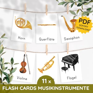 Cartões de aprendizagem instrumentos musicais cartões flash montessori criança música conjunto de cartões pdf auto-impressão download instrumentos guitarra piano criança