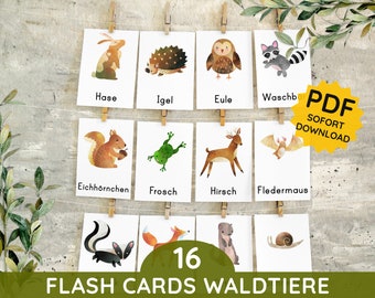 16 WALDTIERE Bildkarten Lernkarten Flash Cards Montessori Kartensatz zum Ausdrucken Download Deutsch Deutschland Kleinkind Kita Illustration