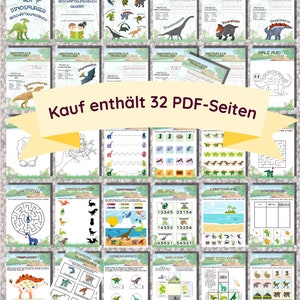 May include: A colorful printable activity book for kids featuring dinosaurs. The book includes 32 pages of activities such as mazes, coloring pages, matching games, and more. The cover features a green dinosaur with the text "Mein Dinosaurier Besch&auml;ftigungssuch" and "Kauf enth&auml;lt 32 PDF-Seiten".