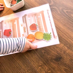 May include: A white card with a wooden crate design and the text "Ich kann Obst von Gemüse unterscheiden!"  The card has two sections labeled "Obst" and "Gemüse".  There are images of a red apple, an orange, a pineapple, a red pepper, and a tomato.