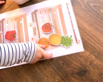Sorting game fruit and vegetables, matching game Montessori Quiet Busy Book page PDF print DIY mini gift child German activity tray nutrition