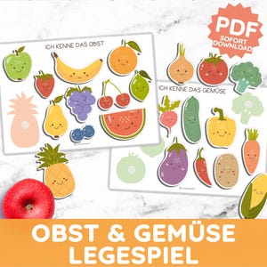 Może przedstawiać: Dwa edukacyjne materiały do druku z ilustracjami owoców i warzyw z uśmiechniętymi twarzami. Na górnej karcie napisano "ICH KENNE DAS OBST" i zawiera jabłko, banana, pomarańczę i inne owoce. Na dolnej karcie napisano "ICH KENNE DAS GEMÜSE" i zawiera warzywa. Tekst "OBST & GEMÜSE LEGESPIEL" znajduje się na dole.