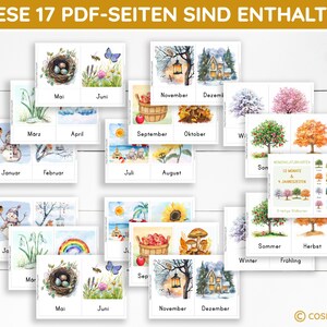 May include: A set of 17 printable PDF pages featuring watercolor illustrations of the months of the year and the four seasons. Each page includes a colorful image and the name of the month or season in German.
