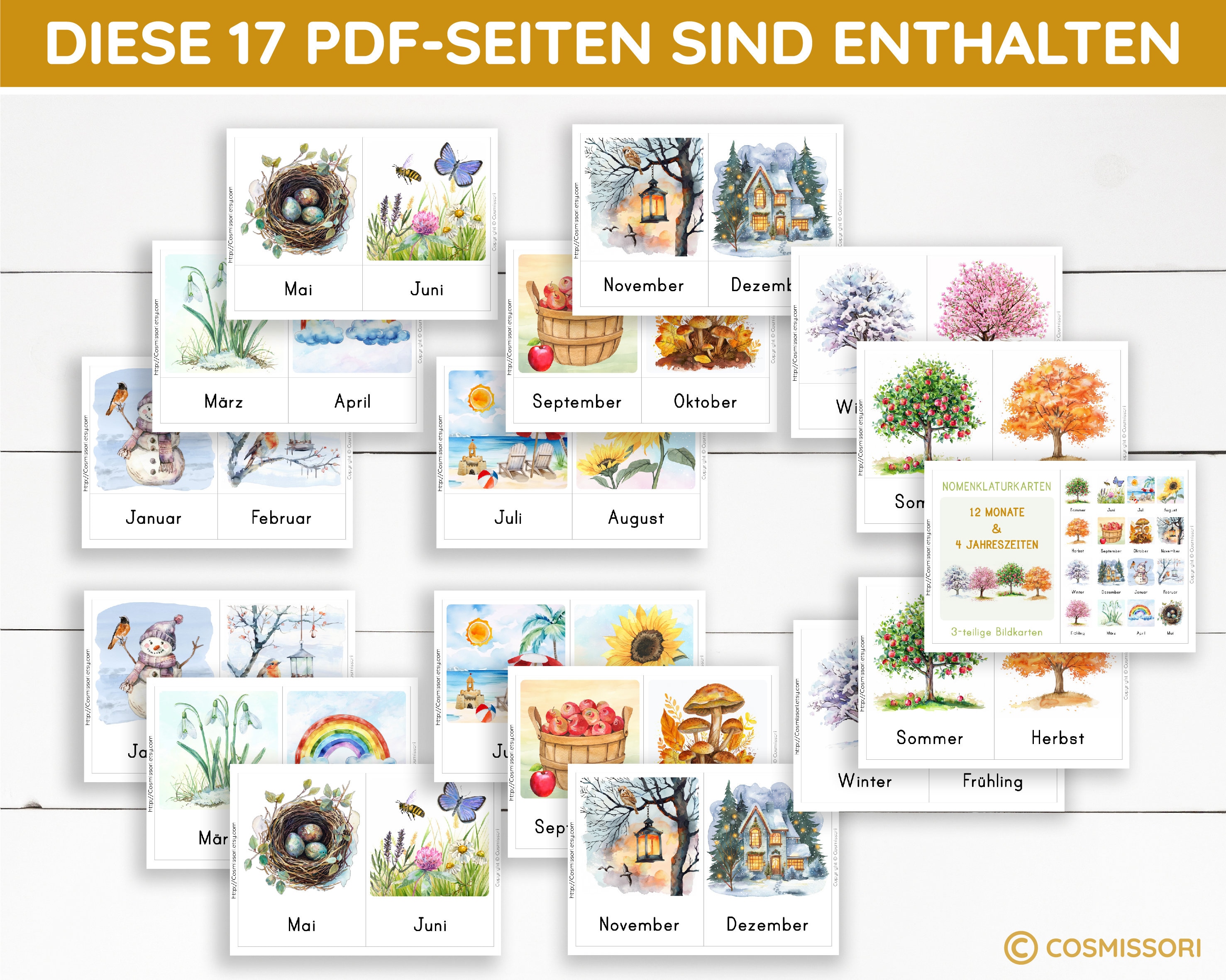 12 MONATE & JAHRESZEITEN Montessori Bildkarten Aquarell Lernkarten PDF