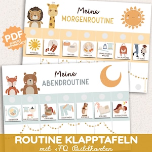 Piano di routine da piegare Routine mattutina Routine serale Mattina Montessori 69 carte illustrate PDF Scheda di routine Boho modello per bambini piccoli da stampare