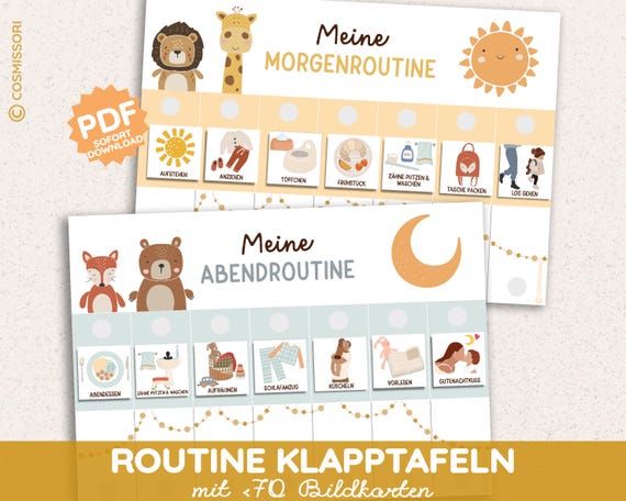 Routineplan zum Umklappen Morgenroutine Abendroutine Morgen Montessori 69 Bildkarten PDF Boho Routinetafel Kind Kleinkind Vorlage ausdrucken