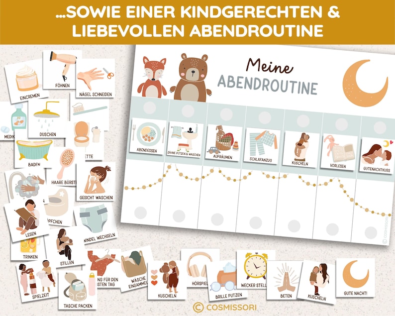 May include: A printable chart with illustrations for a child's bedtime routine. The chart includes activities like brushing teeth, taking a bath, reading a book, and getting ready for bed. The chart is designed to help children learn and follow a consistent bedtime routine.