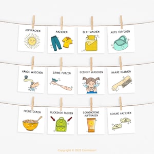 May include: A set of 10 illustrated cards with German words and images for a daily routine. The cards include activities like waking up, getting dressed, brushing teeth, eating breakfast, and putting on shoes.