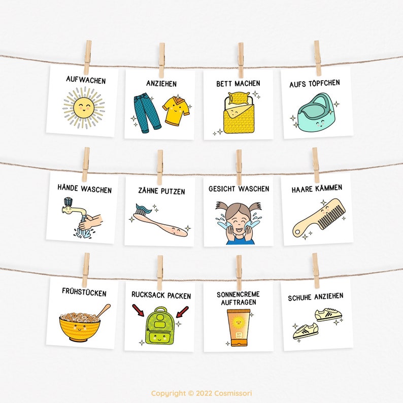 May include: A set of 10 illustrated cards with German words and images for a daily routine. The cards include activities like waking up, getting dressed, brushing teeth, eating breakfast, and putting on shoes.