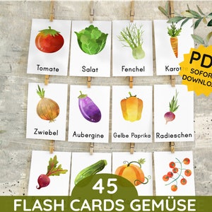 Gemüse Aquarell Montessori Flash Cards PDF 44 dreiteilige Karten Kartensatz zum Ausdrucken Bildkarte Kontrollkarten Wortkarte deutsch Datei
