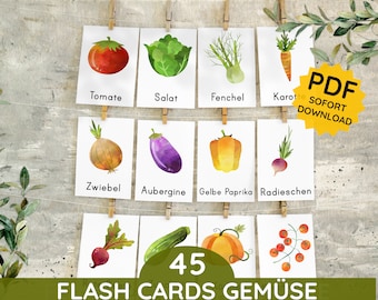 Vegetable Watercolor Montessori Flash Cards PDF 44 three-part cards Card set to print Picture card Control cards Word card German file