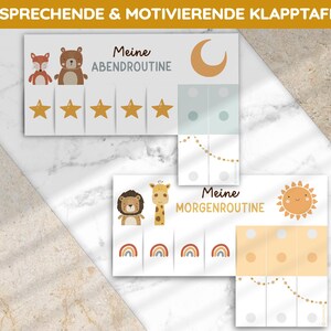 May include: Two printable charts for children to track their morning and evening routines. The charts feature cute animal illustrations and colourful stars, rainbows, and suns. The text on the charts reads "Meine Abendroutine" and "Meine Morgenroutine".