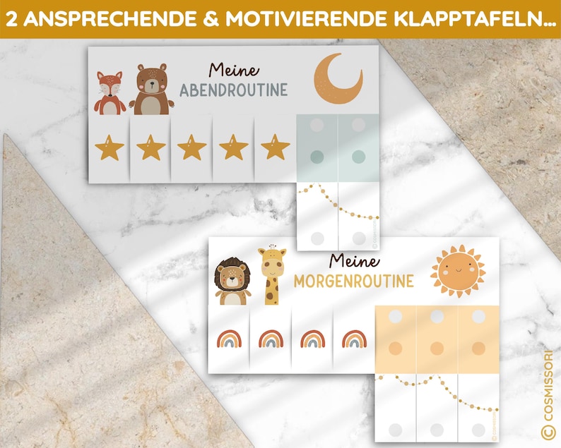 May include: Two printable charts for children to track their morning and evening routines. The charts feature cute animal illustrations and colourful stars, rainbows, and suns. The text on the charts reads "Meine Abendroutine" and "Meine Morgenroutine".