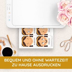 May include: A white printer with a sheet of paper coming out of it. The paper has four images of faces with different expressions. The text on the paper says "Zufrieden", "Gl&uuml;cklich", "Fr&ouml;hlich", and "Stolz". The text below the images says "BEQUEM UND OHNE WARTEZEIT ZU HAUSE AUSDRUCKEN".