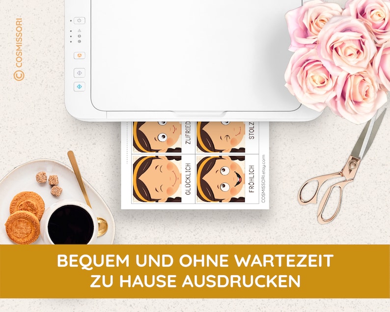 May include: A white printer with a sheet of paper coming out of it. The paper has four images of faces with different expressions. The text on the paper says "Zufrieden", "Gl&uuml;cklich", "Fr&ouml;hlich", and "Stolz". The text below the images says "BEQUEM UND OHNE WARTEZEIT ZU HAUSE AUSDRUCKEN".