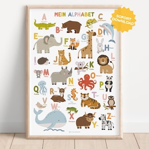 CARTEL DEL ALFABETO Alfabeto de animales ABC Animales Arte de pared Sala de juegos Montessori Mural de guardería infantil Decoración de pared Infografía Descargar alemán