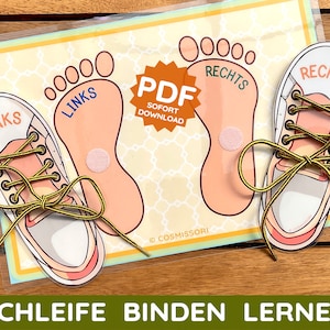 Puede incluir: Una actividad de aprendizaje imprimible para que los niños practiquen atar los cordones de los zapatos. La actividad presenta dos contornos grandes de pies con las palabras "LINKS" y "RECHTS" escritas en ellos. Las palabras "SCHLEIFE BINDEN LERNEN" están impresas en la parte inferior de la página.