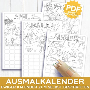 Könnte beinhalten: Eine Sammlung von Ausmalkalender-Seiten in Schwarzweiß mit saisonalen Illustrationen für April, Januar, November und August. Die Seiten enthalten Platz für tägliche Einträge. Ein Federmäppchen mit Buntstiften befindet sich im Vordergrund. Der Text enthält "PDF SOFORT DOWNLOAD" und "AUSMALKALENDER".