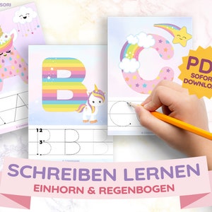 Karty jednorożca i tęczy naucz się pisać dziewczynki Montessori Kita Kiga przedszkole PDF zestaw kart do druku wielkie litery niemieckie DIY