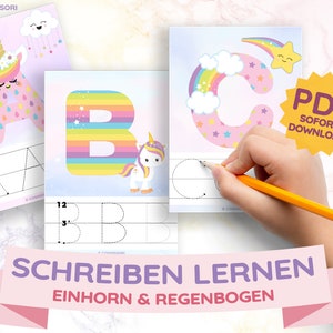 Unicorn & rainbow cards learning to write Montessori girls daycare Kiga preschool PDF printable card set capital letters German DIY